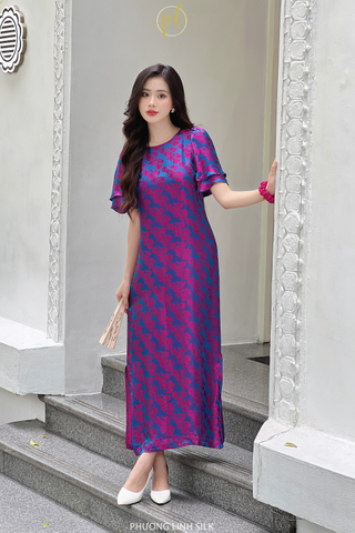 VÁY LỤA TAY BỒNG 2 TẦNG XANH HỒNG