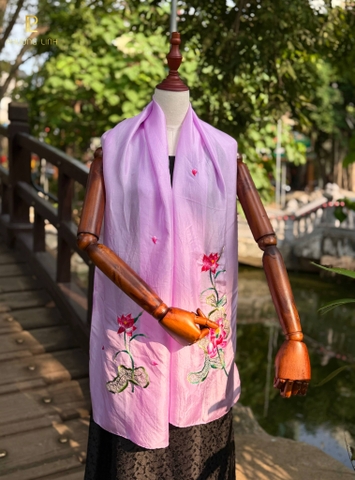 KHĂN LỤA TƠ TẰM HÀ ĐÔNG THÊU TAY CHỈ TƠ KHỔ HẸP
