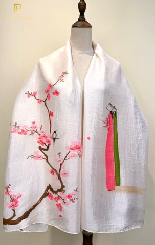 KHĂN LỤA HÀ ĐÔNG VẼ TAY NGHỆ THUẬT HOA ĐÀO CAO CẤP