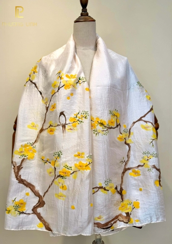 KHĂN LỤA HÀ ĐÔNG VẼ TAY NGHỆ THUẬT HOA MAI CAO CẤP