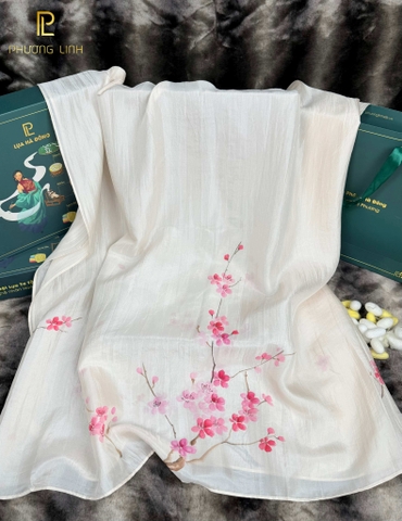 KHĂN LỤA HÀ ĐÔNG VẼ TAY NGHỆ THUẬT HOA ĐÀO CAO CẤP