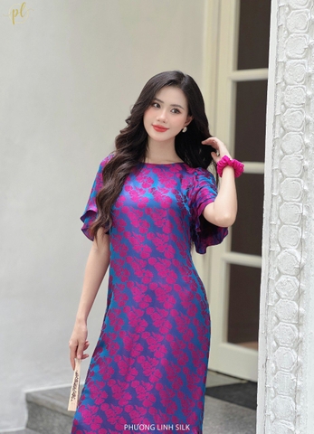 VÁY LỤA TAY BỒNG 2 TẦNG XANH HỒNG