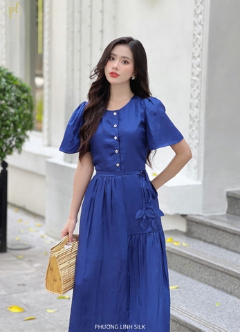 VÁY LỤA TAY BỒNG ĐAI 3 LÁ DÁNG DÀI 100% TƠ TẰM