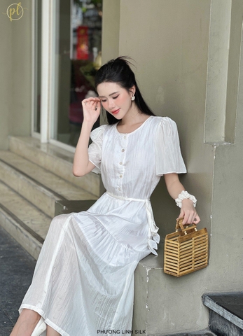 VÁY LỤA TAY BỒNG ĐAI 3 LÁ DÁNG DÀI 100% TƠ TẰM