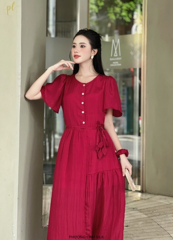 VÁY LỤA TAY BỒNG ĐAI 3 LÁ DÁNG DÀI 100% TƠ TẰM