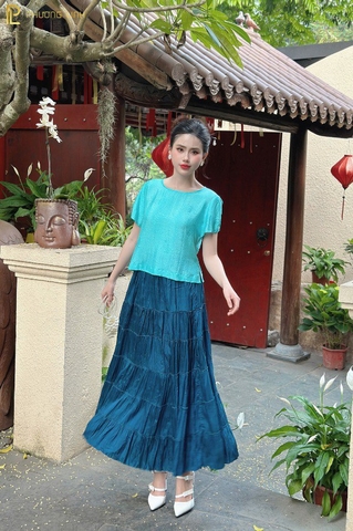 ÁO LỤA CHÂU HOA - XANH BIỂN