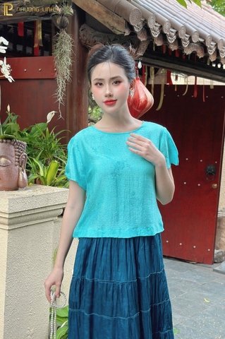 ÁO LỤA CHÂU HOA - XANH BIỂN