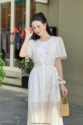 VÁY LỤA TAY BỒNG ĐAI 3 LÁ DÁNG DÀI 100% TƠ TẰM