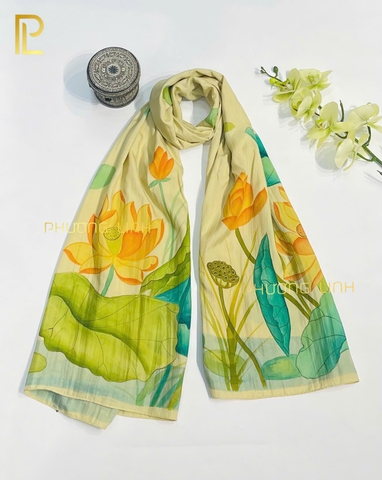 KHĂN LỤA HÀ ĐÔNG VẼ TAY THỦ CÔNG HOA SEN
