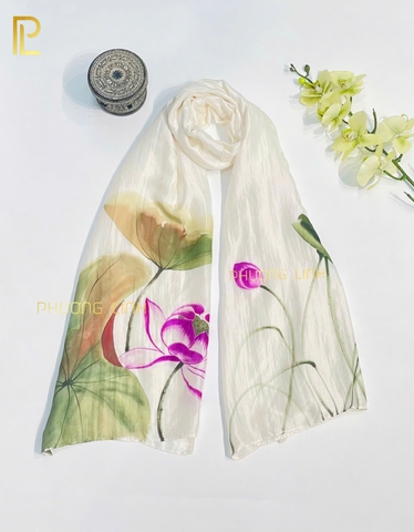 KHĂN LỤA HÀ ĐÔNG VẼ TAY THỦ CÔNG HOA SEN