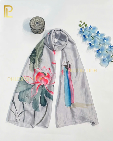 KHĂN LỤA HÀ ĐÔNG VẼ TAY THỦ CÔNG HOA SEN