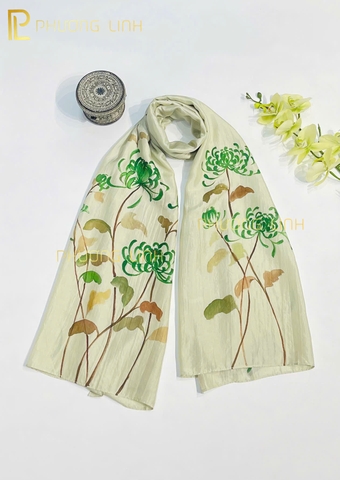 KHĂN LỤA VẼ MÀU NƯỚC NGHỆ THUẬT ĐỘC BẢN 100% TƠ TẰM HOA CÚC VẠN THỌ