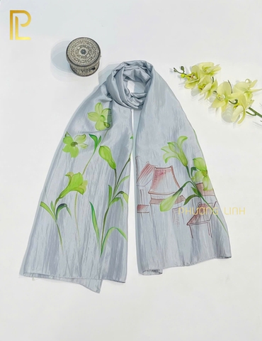 KHĂN LỤA HÀ ĐÔNG VẼ TAY NGHỆ THUẬT HOA LY CAO CẤP