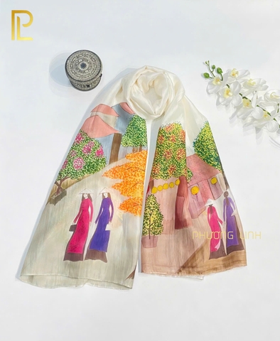 KHĂN LỤA HÀ ĐÔNG VẼ TAY NGHỆ THUẬT PHỐ CỔ CAO CẤP