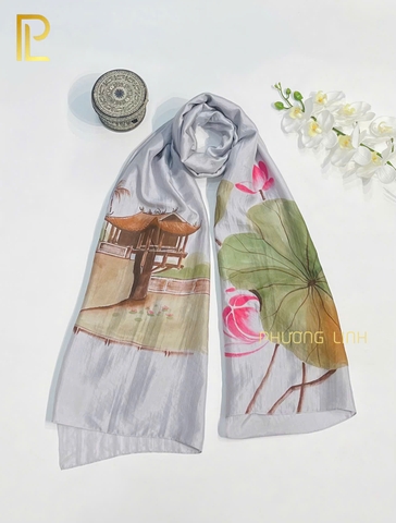KHĂN LỤA HÀ ĐÔNG VẼ TAY NGHỆ THUẬT CHÙA MỘT CỘT CAO CẤP