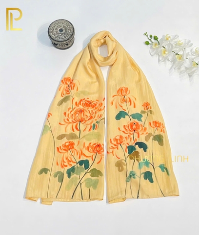 KHĂN LỤA VẼ MÀU NƯỚC NGHỆ THUẬT ĐỘC BẢN 100% TƠ TẰM HOA CÚC VẠN THỌ