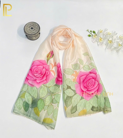 KHĂN LỤA HÀ ĐÔNG VẼ TAY NGHỆ THUẬT HOA HỒNG CAO CẤP