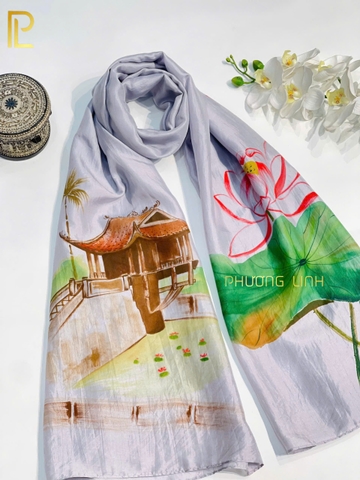 KHĂN LỤA HÀ ĐÔNG VẼ TAY NGHỆ THUẬT CHÙA MỘT CỘT CAO CẤP