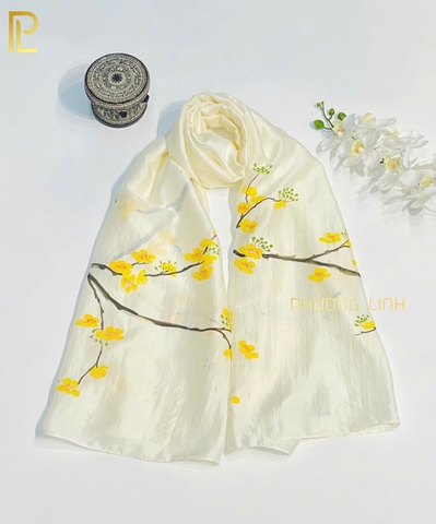 KHĂN LỤA HÀ ĐÔNG VẼ TAY NGHỆ THUẬT HOA MAI CAO CẤP