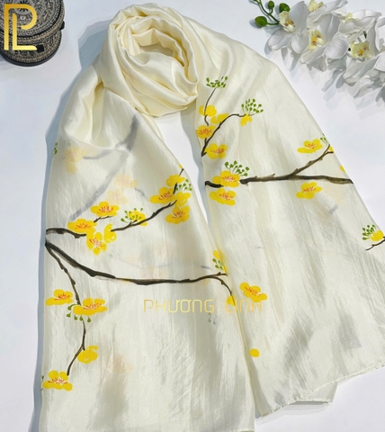 KHĂN LỤA HÀ ĐÔNG VẼ TAY NGHỆ THUẬT HOA MAI CAO CẤP