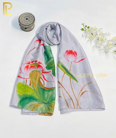 KHĂN LỤA HÀ ĐÔNG VẼ TAY THỦ CÔNG HOA SEN