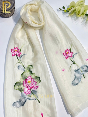 KHĂN LỤA HÀ ĐÔNG THÊU TAY CHỈ TƠ THỦ CÔNG - HOA SEN
