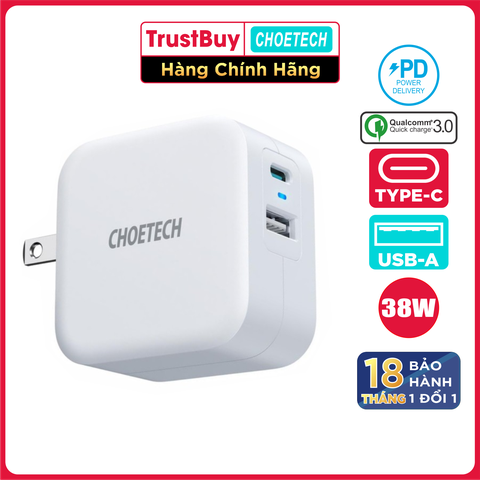 Adapter Củ Sạc 38W CHOETECH PD5002 USB-A Quick Charge 3.0, USB Type C PD 20W - Hàng Chính Hãng