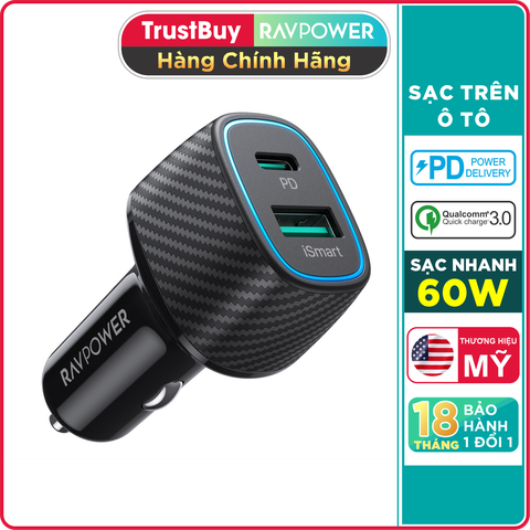 Củ Sạc Tẩu Sạc Ô Tô 60W 1 Cổng Type C 36W Và 1 Cổng USB QC 3.0 24W RAVPower RP-VC009 - Hàng Chính Hãng