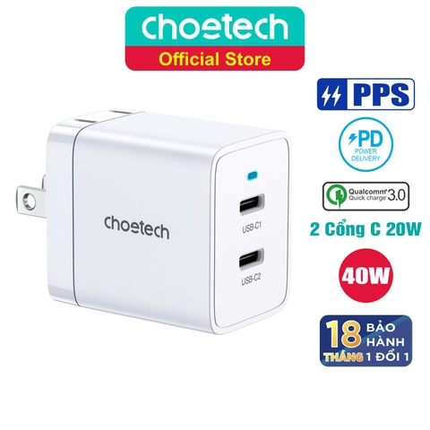 Adapter Củ Sạc Nhanh 40W Sạc 1 Cổng Type C 40W, 2 Cổng Type C 20W, PPS 25W, QC3.0 18W CHOETECH Q5006 Chuyên Cho iPhone, Samsung, iPad - Hàng Chính Hãng