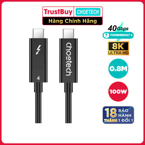 Dây Cáp Thunderbolt 4 Chuẩn Intel CHOETECH A3010-BK Dài 0.8M, 40Gbps, Sạc PD 100W, 8K 30Hz, 5K 60Hz, 4K 60Hz Kép - Hàng Chính Hãng