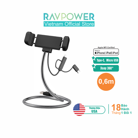 Cáp Sạc 3 Trong 1 (Lightning, Micro USB, Type-C) RAVPower 0.6m,MFI, Khung Thép - RP-CB015