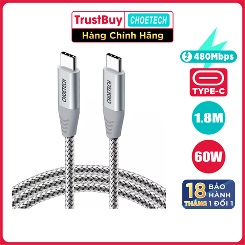 Dây Cáp Sạc Nhanh USB Type C To Type C 60W Dài 2M CHOETECH CC0005 - Hàng Chính Hãng