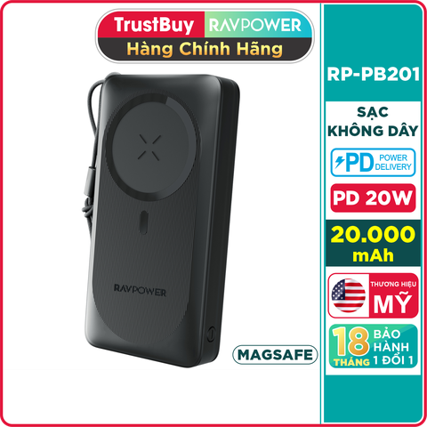 Pin Sạc Dự Phòng 20.000mAh RAVPower RP-PB1214 Sạc Nhanh 20W, Sạc Không Dây Nam Châm Từ Tính Tối Đa 15W - Hàng Chính Hãng
