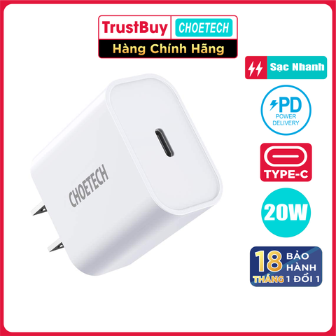 Adapter Củ Sạc CHOETECH PD 20W Chuyên Sạc Nhanh iPhone, iPad PD5005 - Hàng Chính Hãng
