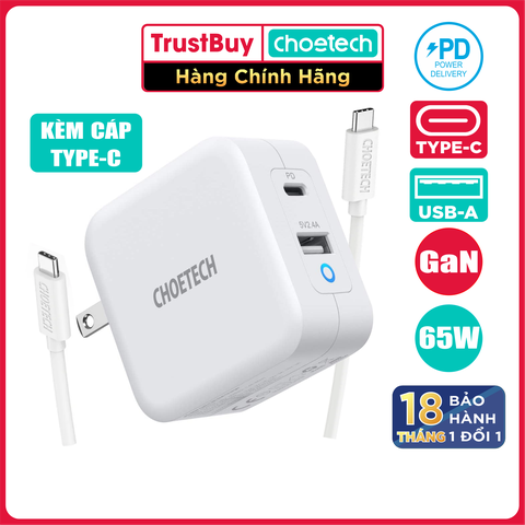 Adapter Củ Sạc Nhanh GaN 65W 1 Cổng USB, 1 Cổng Type C CHOETECH PD8002 + Kèm Cáp Type C 65W Sạc Cho Macbook, Laptop, Smartphone - Hàng Chính Hãng
