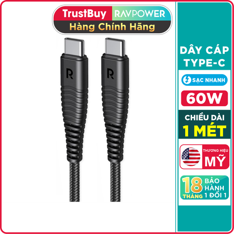 Dây Cáp Sạc Type-C to Type-C Sạc Nhanh Dài 1m, Dây Dù Nylon RAVPower RP-CB047 - Hàng Phân Phối Chính Thức