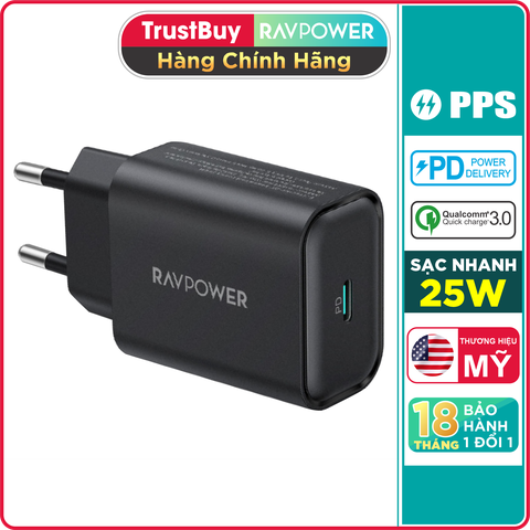 Củ Sạc điện thoại công nghệ PPS cho Samsung RAVPower RP-PC156 25W Type C PD 3.0 & QC 3.0 - Hàng Chính Hãng
