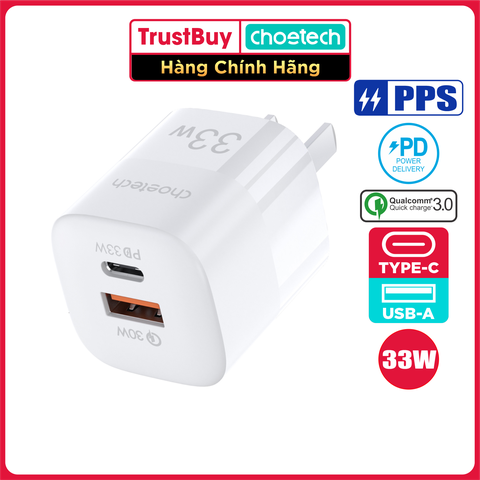 Adapter Củ Sạc 33W PPS/ PD 30W / QC 3.0 2 Cổng Type-C USB-A Nhỏ Gọn CHOETECH PD5006 - Hàng Chính Hãng
