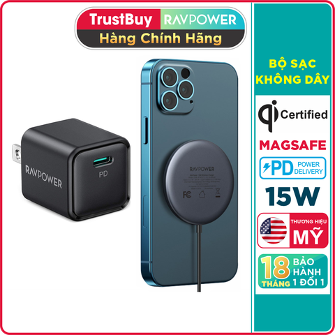 Bộ Sạc Không Dây MagSafe Nam Châm 15W RAVPower RP-WC012 Kèm Củ Sạc Type C 20W Sạc iPhone 12, iPhone 13 - Hàng Chính Hãng