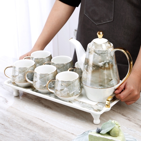 Bộ ấm chén khay sứ đá cẩm thạch cao cấp