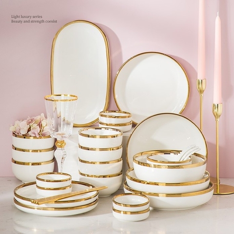 Bộ bát đĩa 32 món trắng viền vàng
