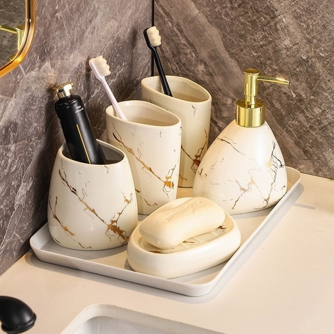 Set nhà tắm cẩm thạch 5 món kèm khay