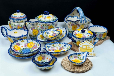 Bộ bát đĩa Vườn hoa vàng Ba Lan vẽ tay Xuất Âu