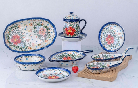 Bộ bát đĩa họa tiết vườn hoa dâm bụt vẽ tay xuất Âu