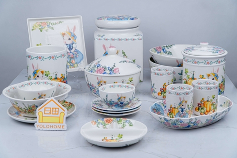 Bộ bát đĩa Thỏ thần tiên vẽ tay xuất Âu