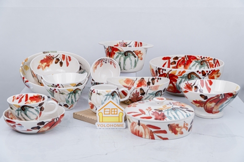 Bộ bát đĩa bí ngô vẽ tay xuất Âu M2