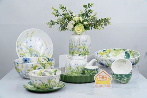 Bộ bát đĩa hoa phi yến xanh vẽ tay xuất Âu