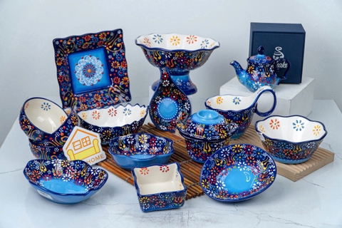 Bộ bát đĩa hoa đại dương xanh lam đậm vẽ tay xuất Âu