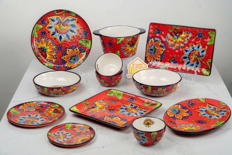 Bộ bát đĩa vẽ tay hoa đỏ xuất Âu