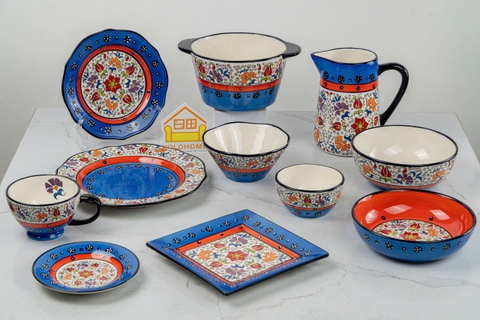 Bộ bát đĩa vẽ tay hoa nhí xanh lam xuất Âu